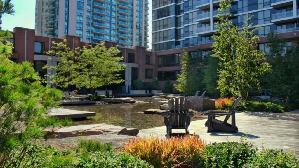 Residential complex large water feature with rocks