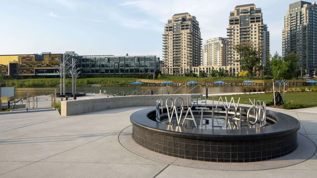 Big urban park granite water feature in the city