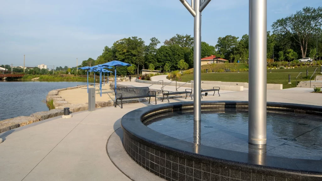 Close up of urban park granite water feature